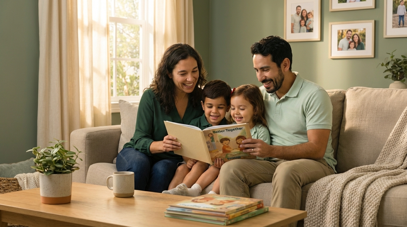Family reading personalized children's book together
